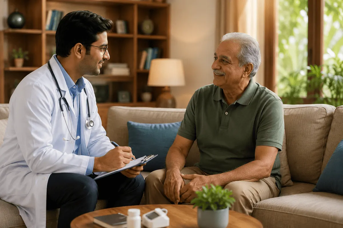 Doctor consulting a patient at home in Delhi NCR